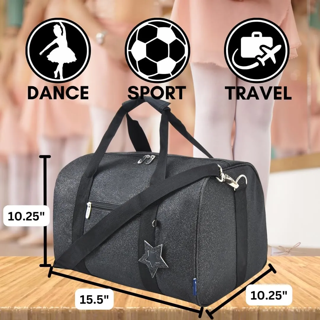 NGIL Super Star Duffle Bag, Dance Bag & Travel Bag for Sports, Gymnastics and Ballet with Adjustable Strap, Zippers, Pockets (Glitter-Black, Large)