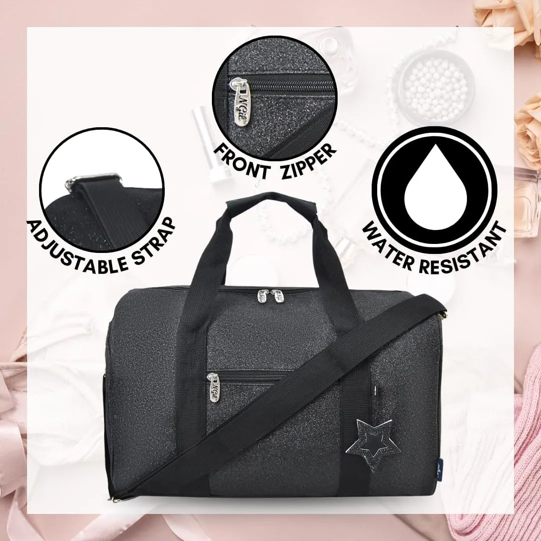 NGIL Super Star Duffle Bag, Dance Bag & Travel Bag for Sports, Gymnastics and Ballet with Adjustable Strap, Zippers, Pockets (Glitter-Black, Large)