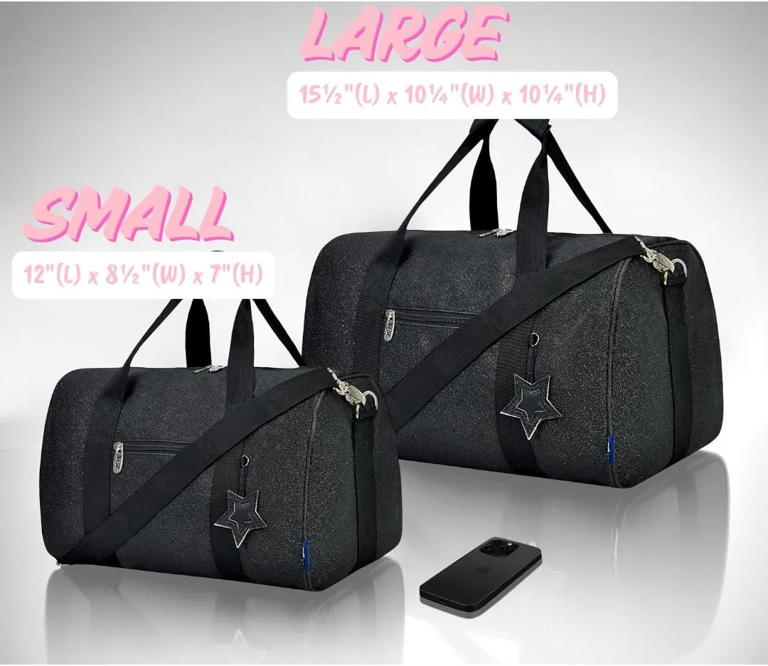 NGIL Super Star Duffle Bag, Dance Bag & Travel Bag for Sports, Gymnastics and Ballet with Adjustable Strap, Zippers, Pockets (Glitter-Black, Large)