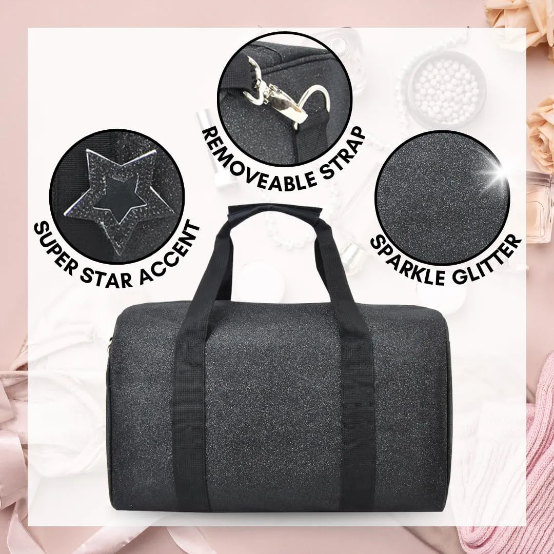 NGIL Super Star Duffle Bag, Dance Bag & Travel Bag for Sports, Gymnastics and Ballet with Adjustable Strap, Zippers, Pockets (Glitter-Black, Large)