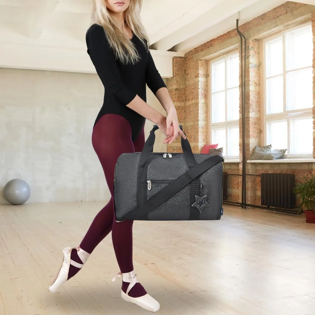 NGIL Super Star Duffle Bag, Dance Bag & Travel Bag for Sports, Gymnastics and Ballet with Adjustable Strap, Zippers, Pockets (Glitter-Black, Large)