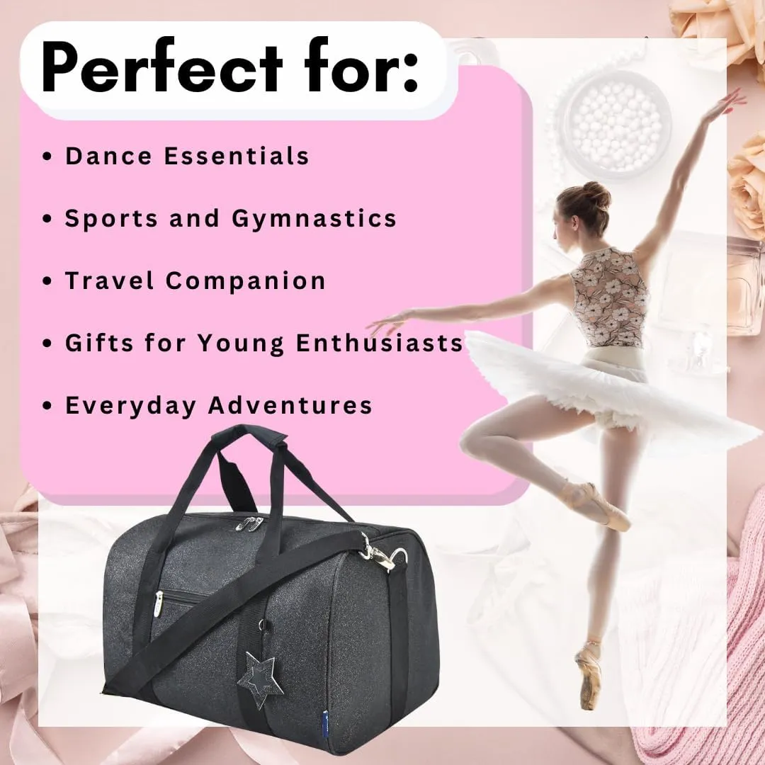 NGIL Super Star Duffle Bag, Dance Bag & Travel Bag for Sports, Gymnastics and Ballet with Adjustable Strap, Zippers, Pockets (Glitter-Black, Large)