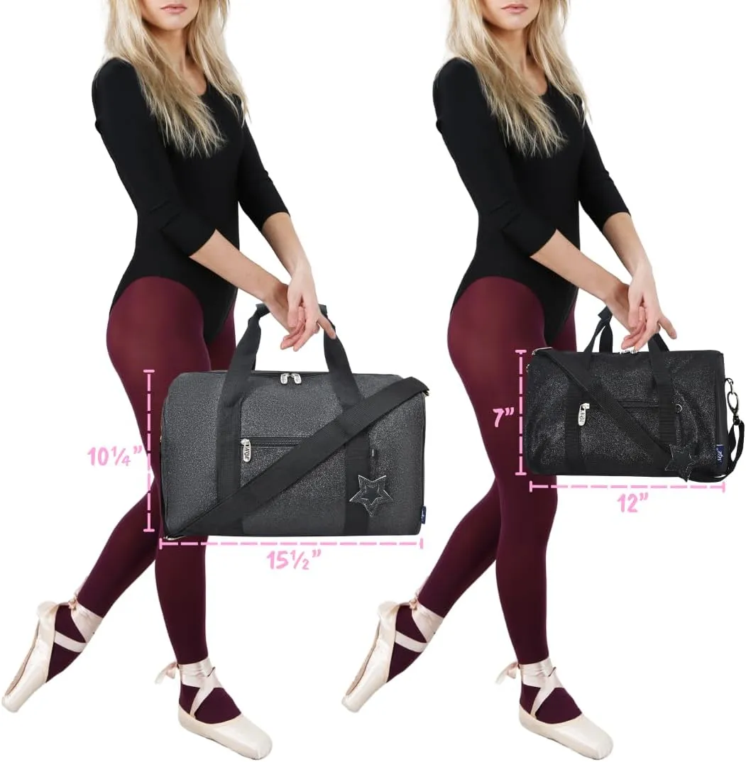NGIL Super Star Duffle Bag, Dance Bag & Travel Bag for Sports, Gymnastics and Ballet with Adjustable Strap, Zippers, Pockets (Glitter-Black, Large)