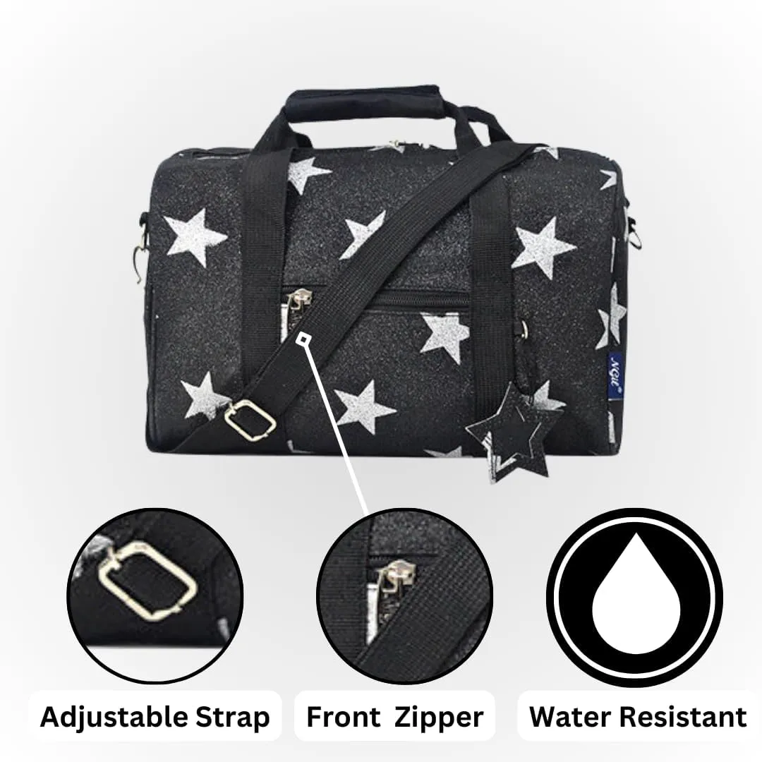 NGIL Super Star Duffle Bag, Mini Dance Bag & Mini Travel Bag for Sports, Gymnastics and Ballet with Adjustable Strap, Zippers, Pockets (Star Glitter-Black, Small)