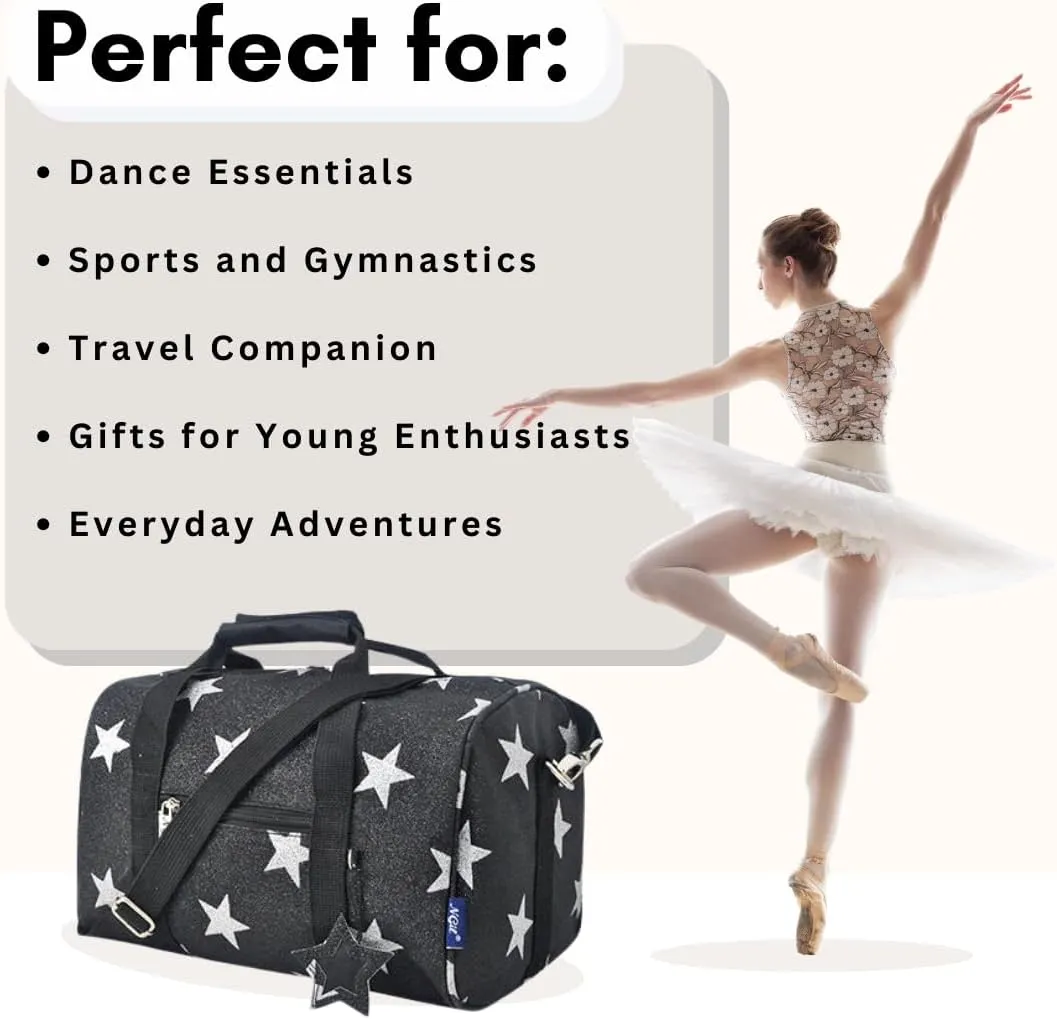 NGIL Super Star Duffle Bag, Mini Dance Bag & Mini Travel Bag for Sports, Gymnastics and Ballet with Adjustable Strap, Zippers, Pockets (Star Glitter-Black, Small)