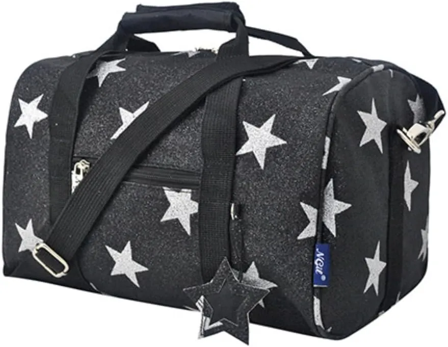 NGIL Super Star Duffle Bag, Mini Dance Bag & Mini Travel Bag for Sports, Gymnastics and Ballet with Adjustable Strap, Zippers, Pockets (Star Glitter-Black, Small)