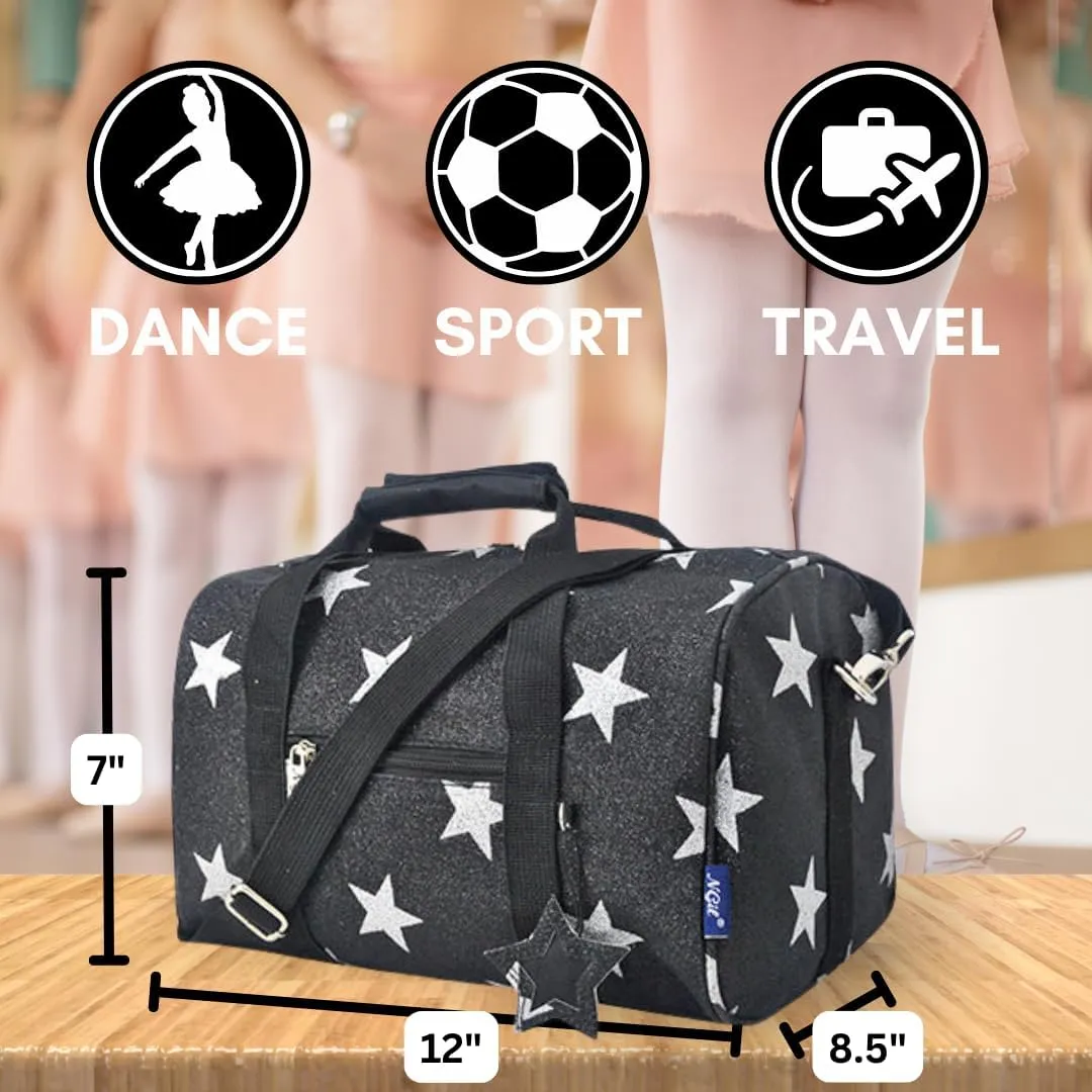 NGIL Super Star Duffle Bag, Mini Dance Bag & Mini Travel Bag for Sports, Gymnastics and Ballet with Adjustable Strap, Zippers, Pockets (Star Glitter-Black, Small)
