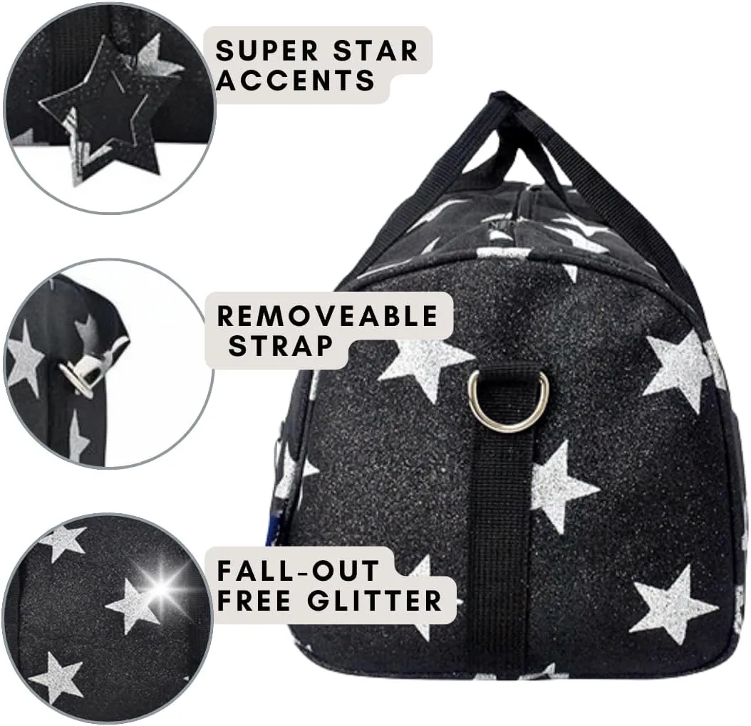 NGIL Super Star Duffle Bag, Mini Dance Bag & Mini Travel Bag for Sports, Gymnastics and Ballet with Adjustable Strap, Zippers, Pockets (Star Glitter-Black, Small)