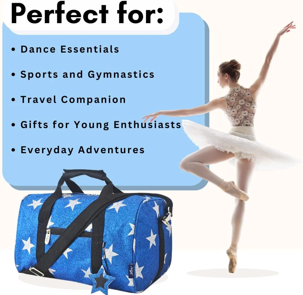 NGIL Super Star Duffle Bag, Mini Dance Bag & Mini Travel Bag for Sports, Gymnastics and Ballet with Adjustable Strap, Zippers, Pockets (Star Glitter-Royal, Small)