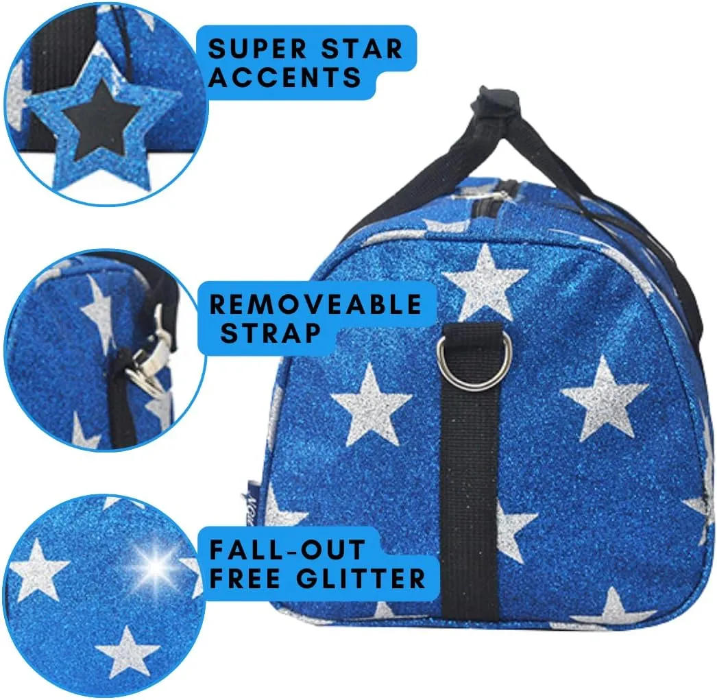 NGIL Super Star Duffle Bag, Mini Dance Bag & Mini Travel Bag for Sports, Gymnastics and Ballet with Adjustable Strap, Zippers, Pockets (Star Glitter-Royal, Small)