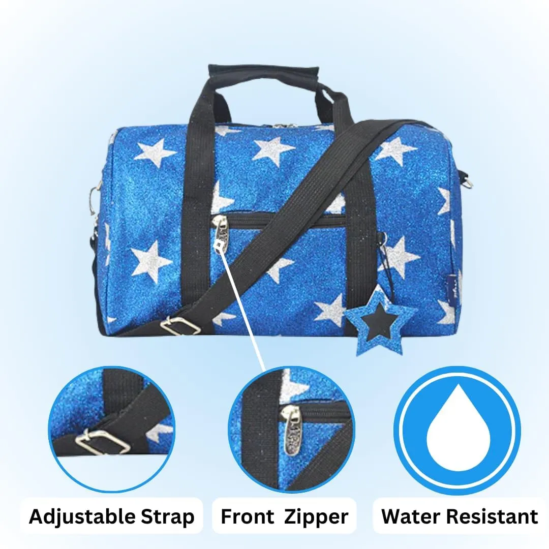 NGIL Super Star Duffle Bag, Mini Dance Bag & Mini Travel Bag for Sports, Gymnastics and Ballet with Adjustable Strap, Zippers, Pockets (Star Glitter-Royal, Small)
