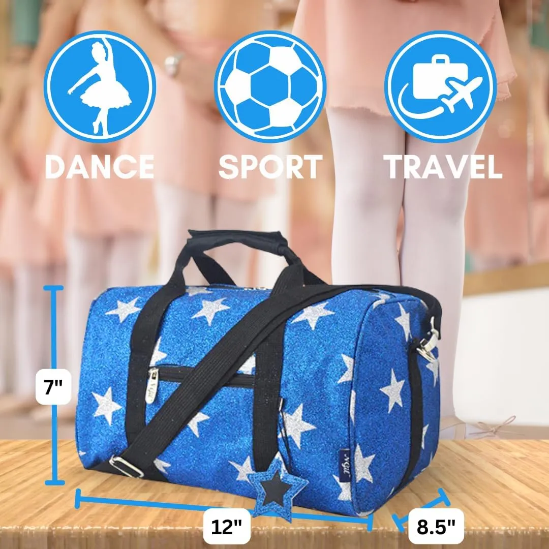 NGIL Super Star Duffle Bag, Mini Dance Bag & Mini Travel Bag for Sports, Gymnastics and Ballet with Adjustable Strap, Zippers, Pockets (Star Glitter-Royal, Small)