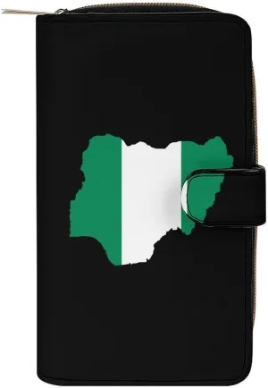 Nigeria Flag Map Purses for Women Zipper Leather Clutch Purse Travel Handbag Card Case Wallet