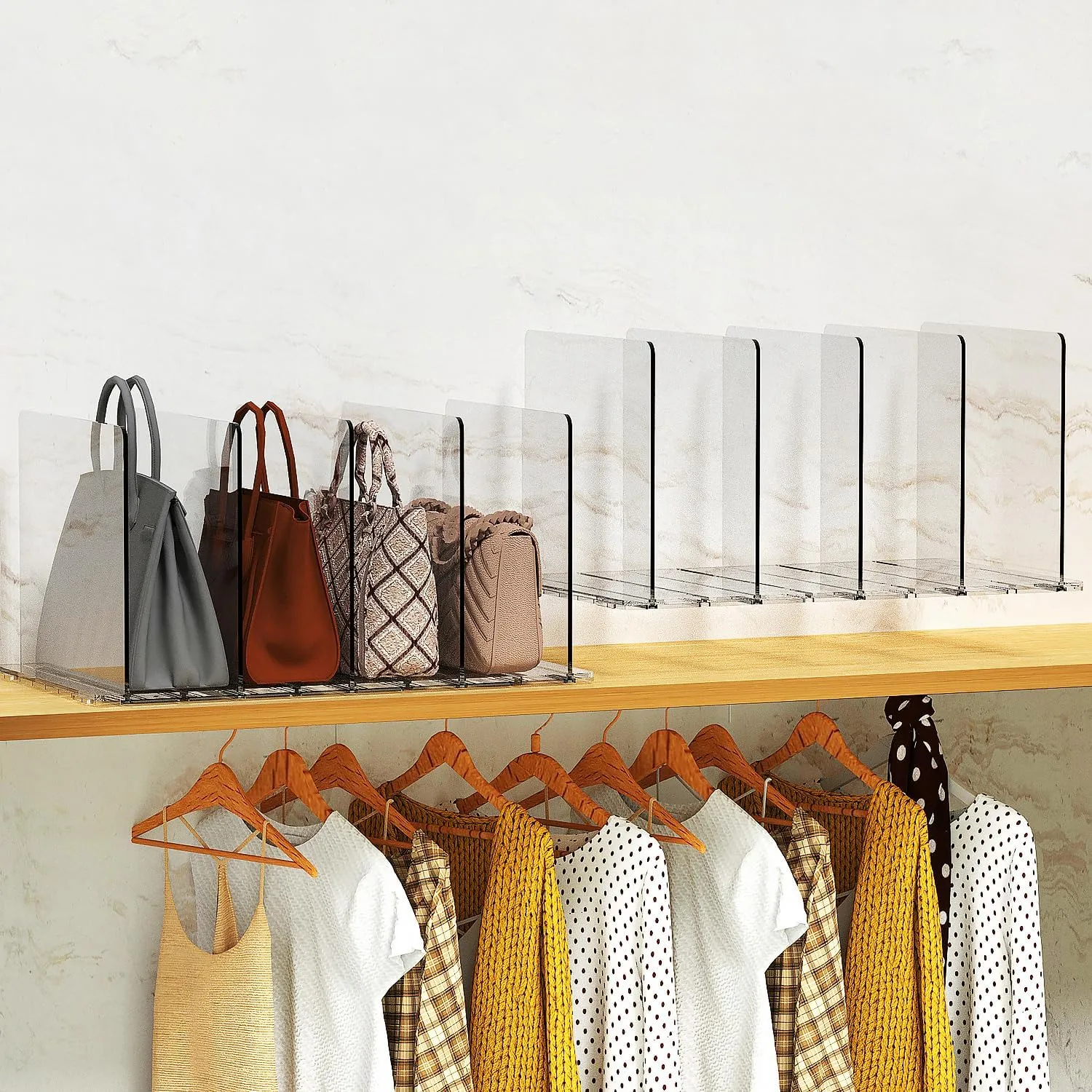 Noleja Purse Organizer for Closet, Clear Shelf Dividers,Adjustable Acrylic Shelf Divider for Clothes Purses Handbag Closet Organizer, Adjustable for Bedroom,Acrylic Bookshelf (2pcs 5dividers Tr)