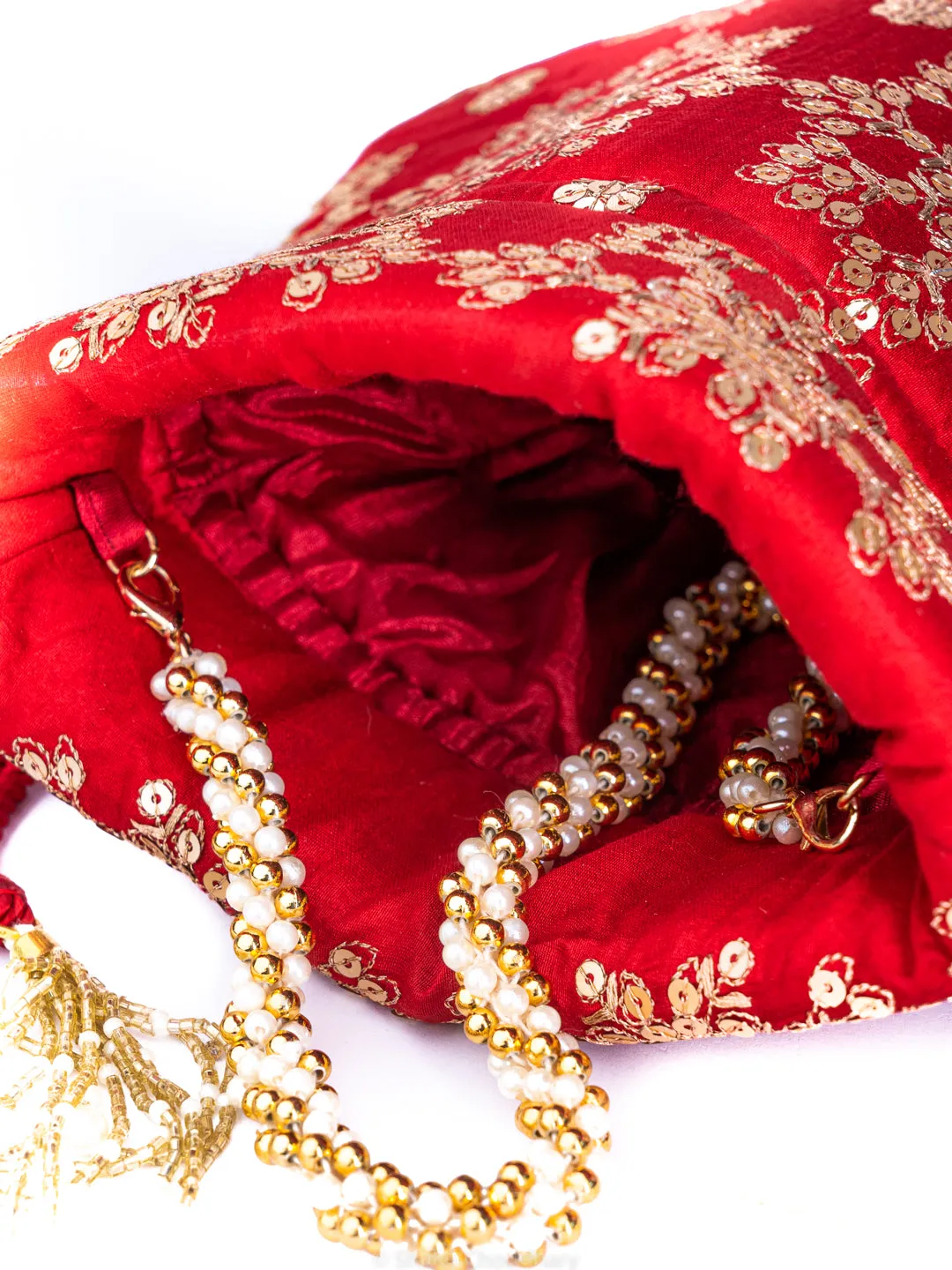 NR By Nidhi Rathi Red Gold-Toned Embroidered Potli Clutch