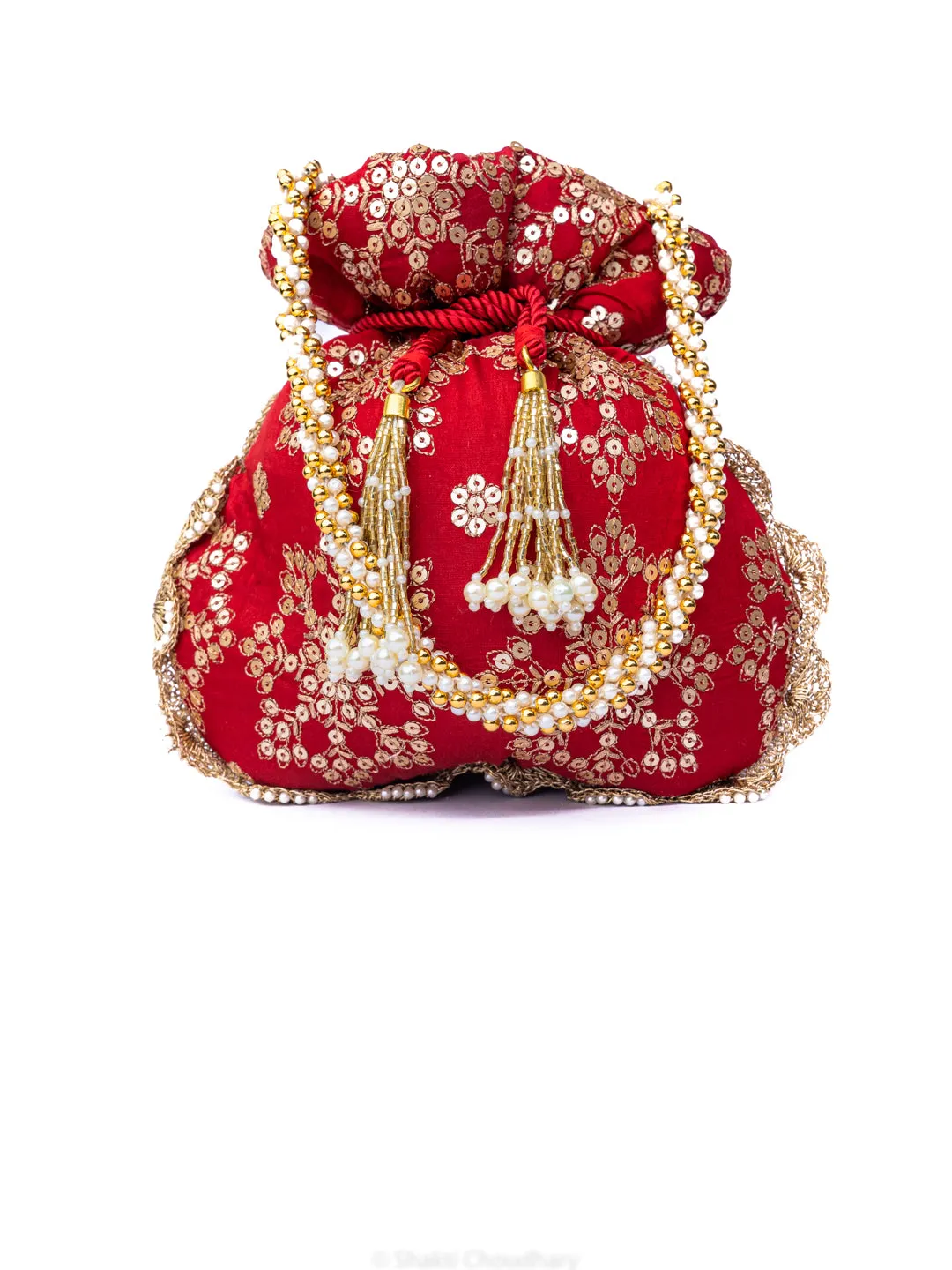 NR By Nidhi Rathi Red Gold-Toned Embroidered Potli Clutch