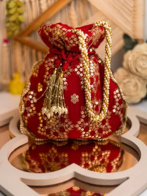 NR By Nidhi Rathi Red Gold-Toned Embroidered Potli Clutch