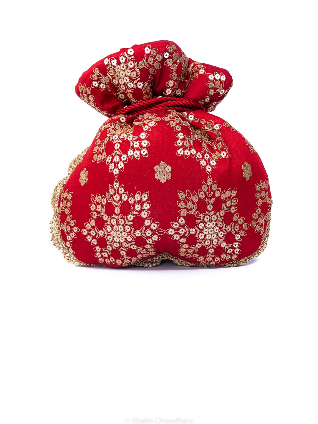 NR By Nidhi Rathi Red Gold-Toned Embroidered Potli Clutch