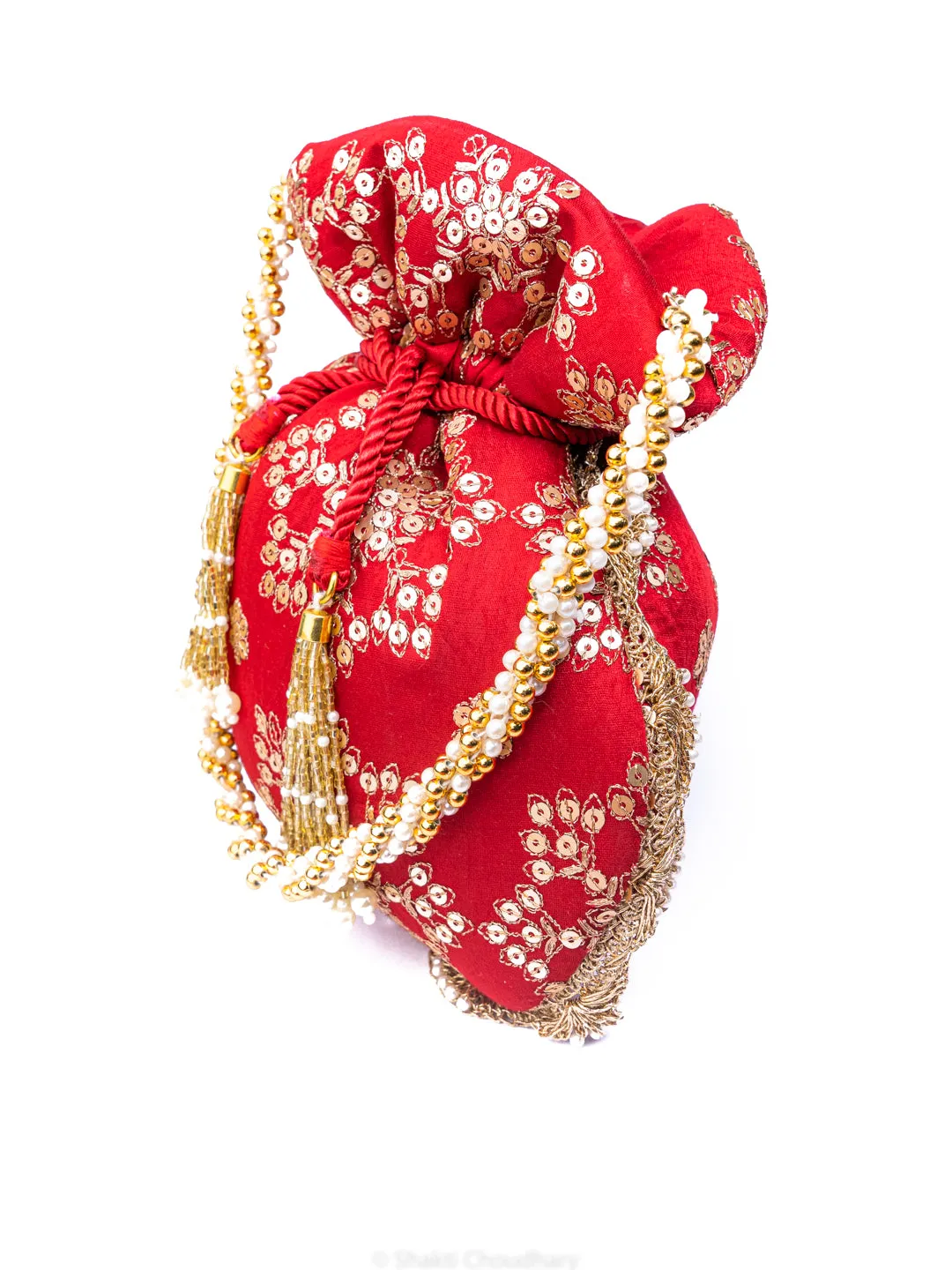 NR By Nidhi Rathi Red Gold-Toned Embroidered Potli Clutch