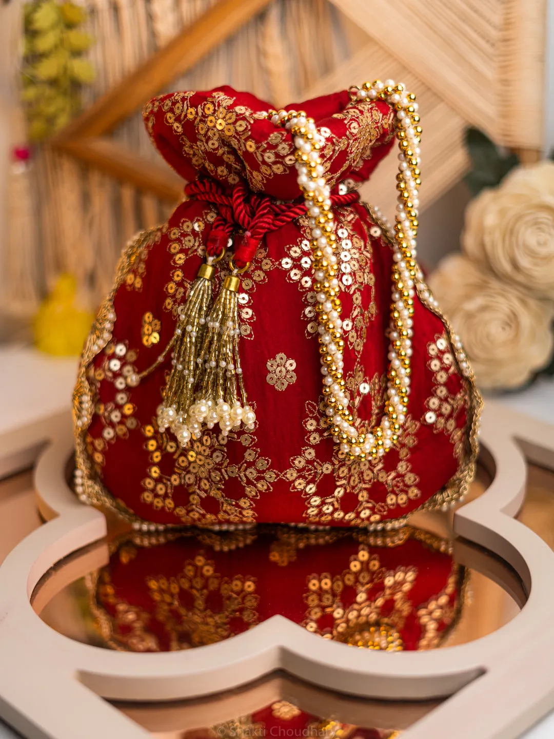 NR By Nidhi Rathi Red Gold-Toned Embroidered Potli Clutch