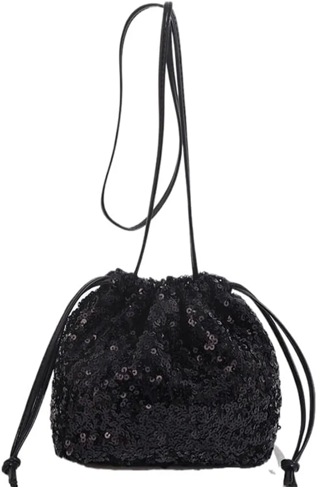 Octwine Shinny Black Sequin Bag Bucket Purse Handbag Silver Shoulder Bags Crossbody Bag Party Prom Crossbody Bag for Women