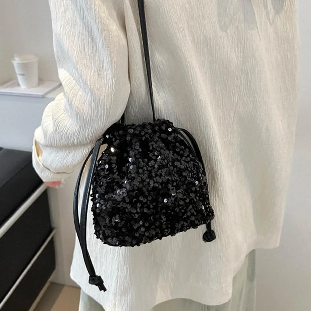 Octwine Shinny Black Sequin Bag Bucket Purse Handbag Silver Shoulder Bags Crossbody Bag Party Prom Crossbody Bag for Women