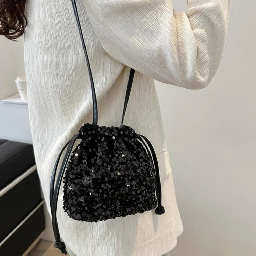 Octwine Shinny Black Sequin Bag Bucket Purse Handbag Silver Shoulder Bags Crossbody Bag Party Prom Crossbody Bag for Women