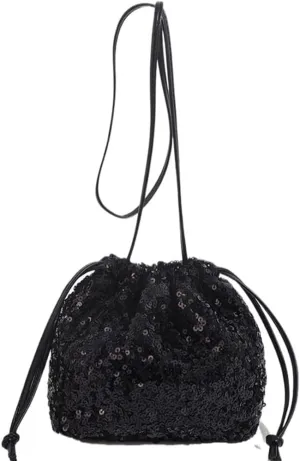 Octwine Shinny Black Sequin Bag Bucket Purse Handbag Silver Shoulder Bags Crossbody Bag Party Prom Crossbody Bag for Women