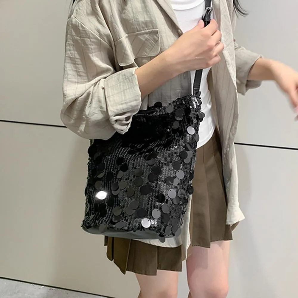 Octwine Shinny Silver Black Sequin Bag Bucket Purse Handbag Shoulder Bags Crossbody Bag Party Prom Crossbody Bag for Women