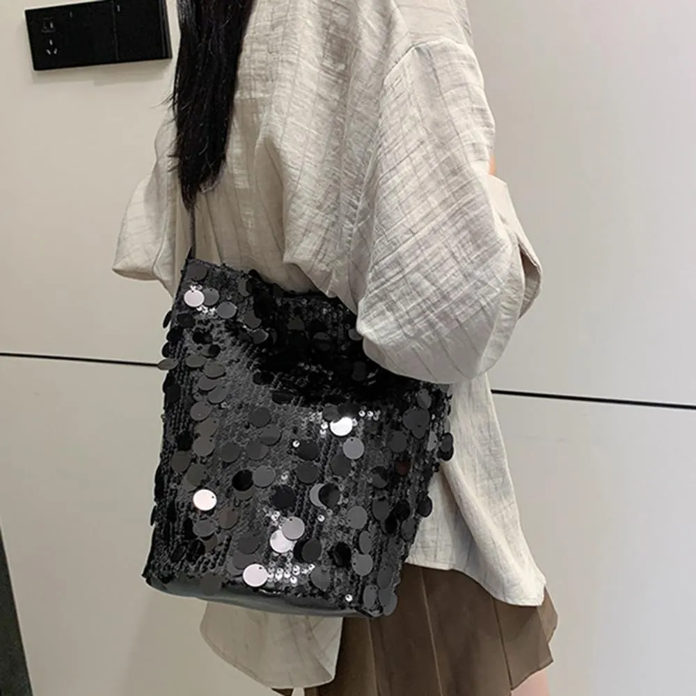 Octwine Shinny Silver Black Sequin Bag Bucket Purse Handbag Shoulder Bags Crossbody Bag Party Prom Crossbody Bag for Women