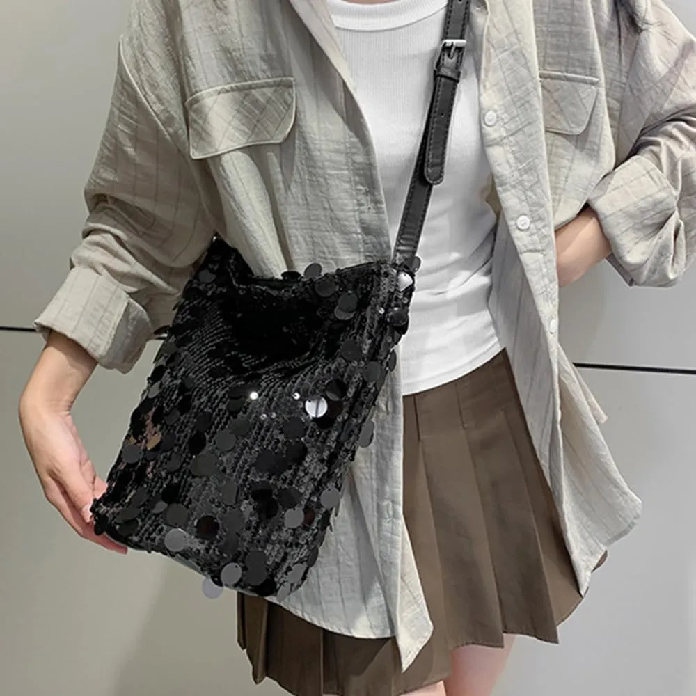 Octwine Shinny Silver Black Sequin Bag Bucket Purse Handbag Shoulder Bags Crossbody Bag Party Prom Crossbody Bag for Women