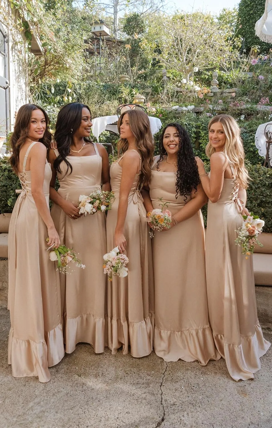 OFEECHUN Satin Bridesmaid Dresses for Women Square Neck Ruffle Evening Formal Gowns with Slit