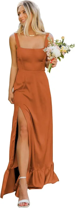 OFEECHUN Satin Bridesmaid Dresses for Women Square Neck Ruffle Evening Formal Gowns with Slit
