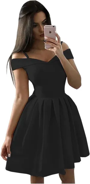 OFEECHUN Women's Off The Shoulder Satin Homecoming Dresses Short A Line Cocktail Prom Party Gowns with Pockets