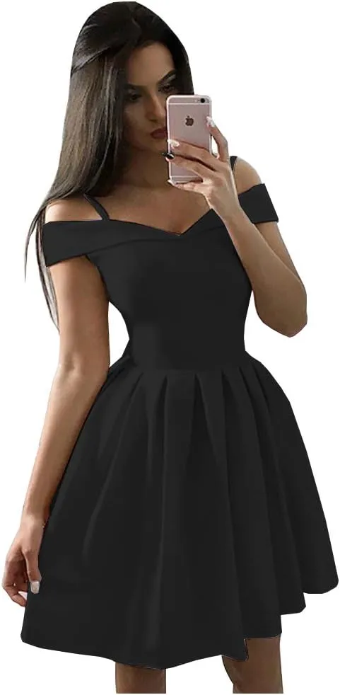 OFEECHUN Women's Off The Shoulder Satin Homecoming Dresses Short A Line Cocktail Prom Party Gowns with Pockets