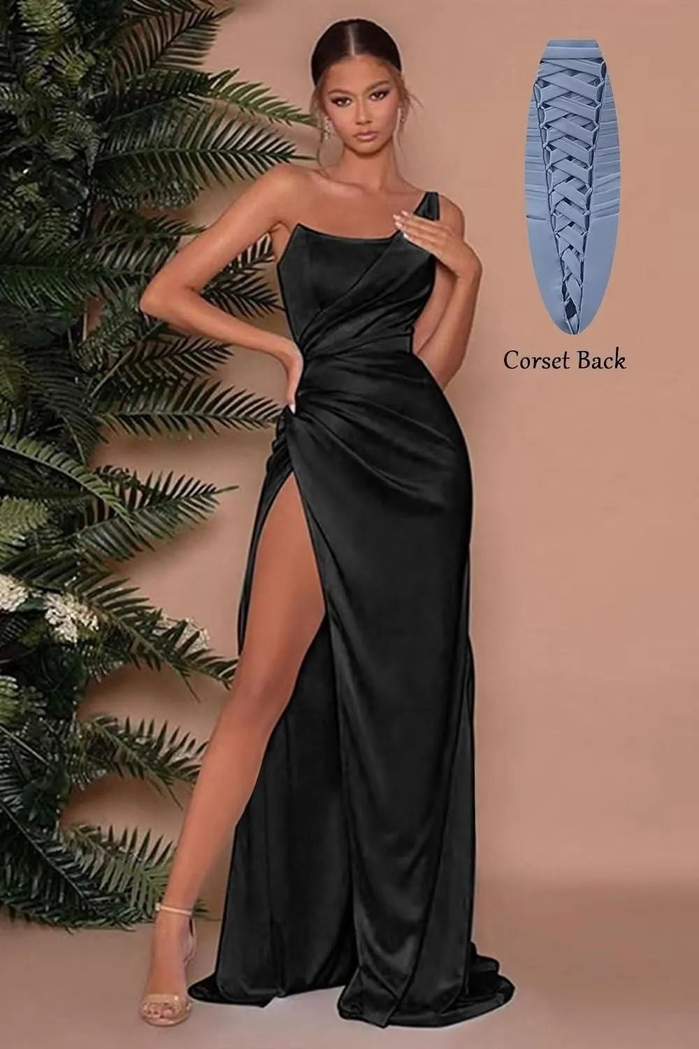 OFEYCHUN Satin Prom Dresses for Teens with Slit One Shoulder Bridesmaid Dresses Pleated Formal Dresses