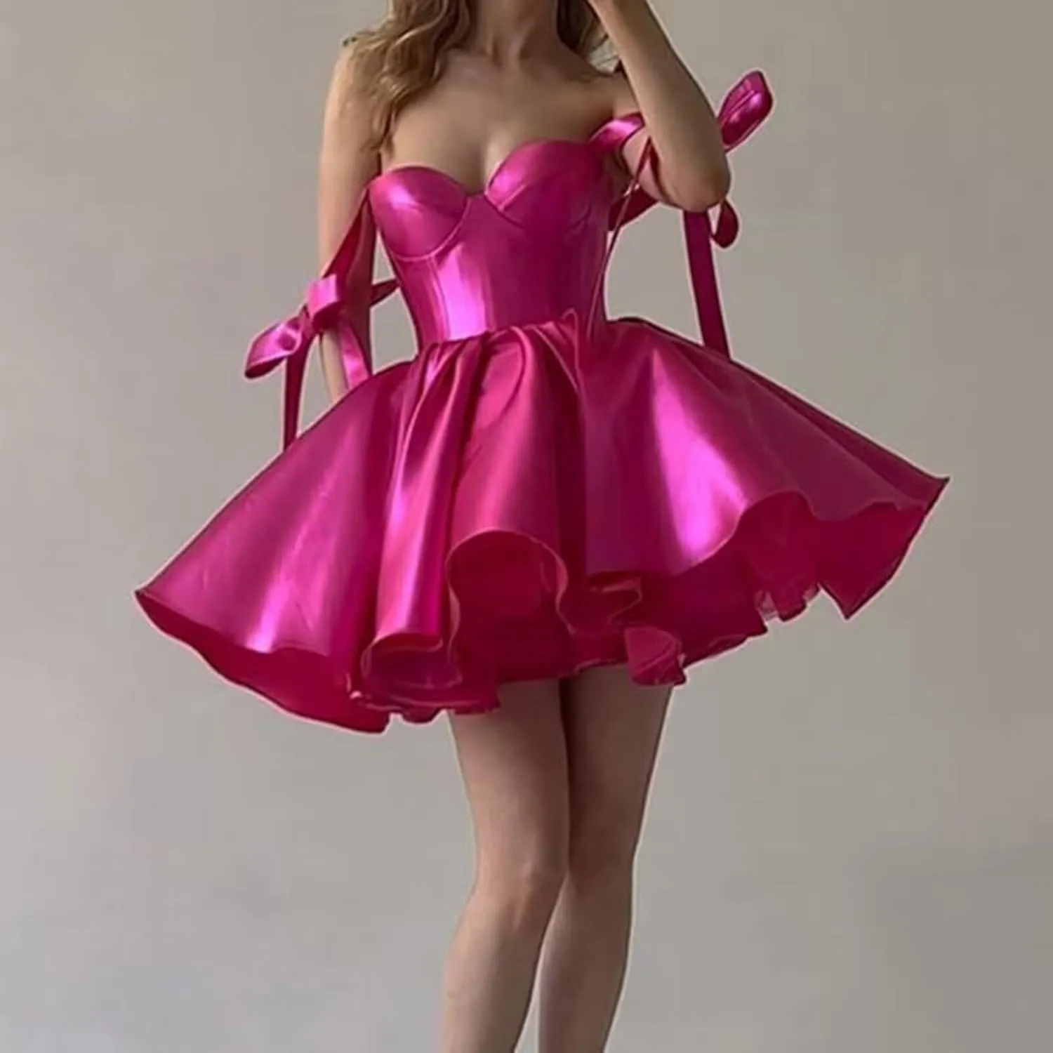 Off Shoulder Satin Homecoming Dress Short Prom Dresses for Teens 2025 Puffy HOCO Dress with Bow BD488