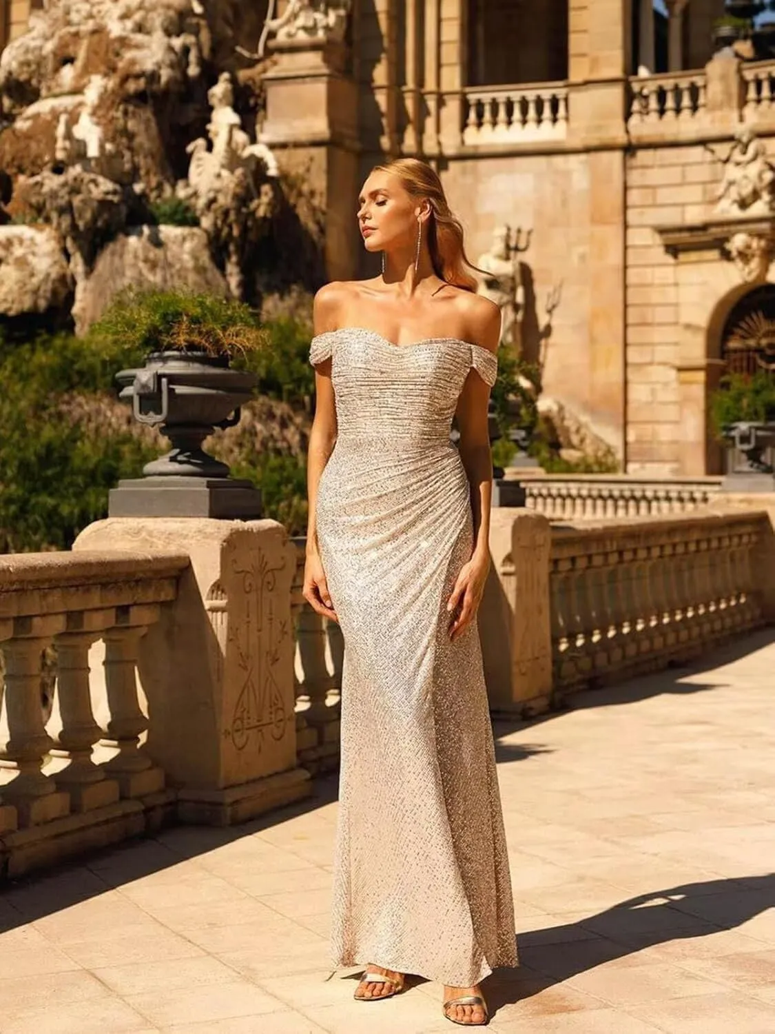 Off-Shoulder Satin Prom Dresses - Ball Gown Formal Dress Wedding Dress with Slits