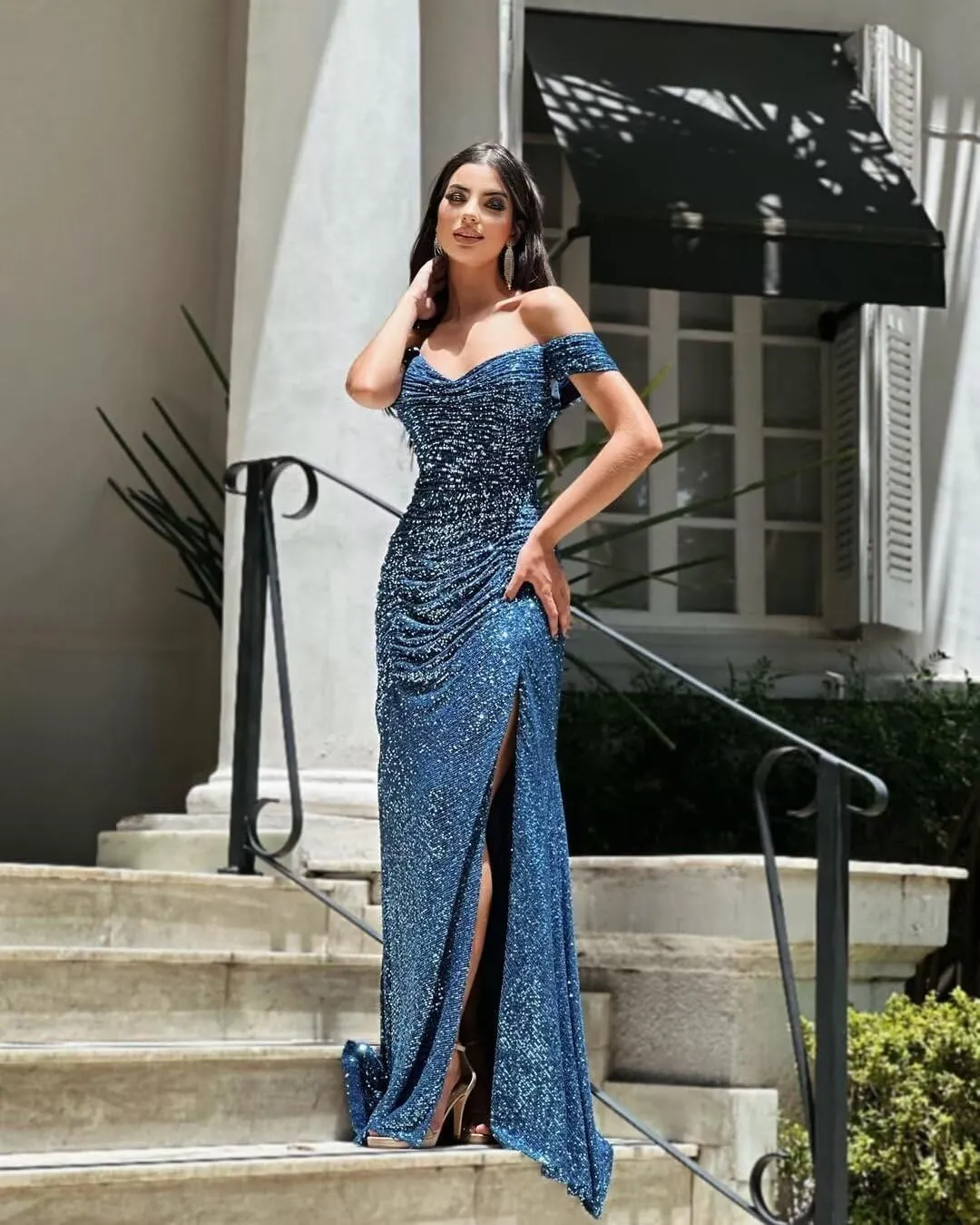 Off-Shoulder Satin Prom Dresses - Ball Gown Formal Dress Wedding Dress with Slits