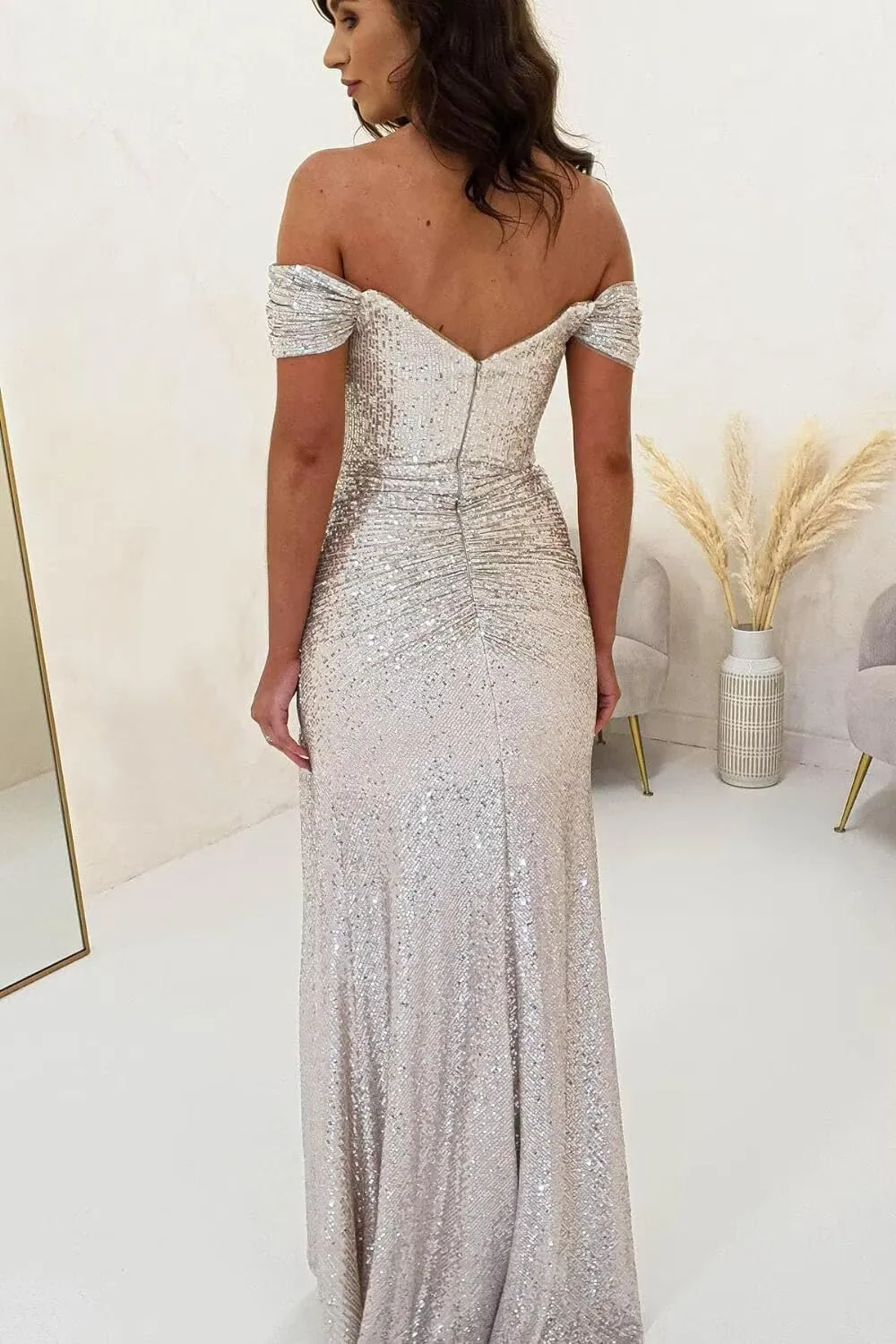 Off-Shoulder Satin Prom Dresses - Ball Gown Formal Dress Wedding Dress with Slits