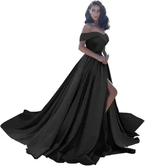 Off Shoulder Satin Prom Dresses Ball Gown Plus Size Formal Dresses for Women Wedding Dress with Slit