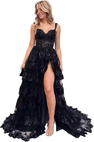 Off Shoulder Tiered Lace Prom Dresses 2025 Long Ball Gowns for Women Formal Sparkly Sequin Corset Evening Gown with Slit