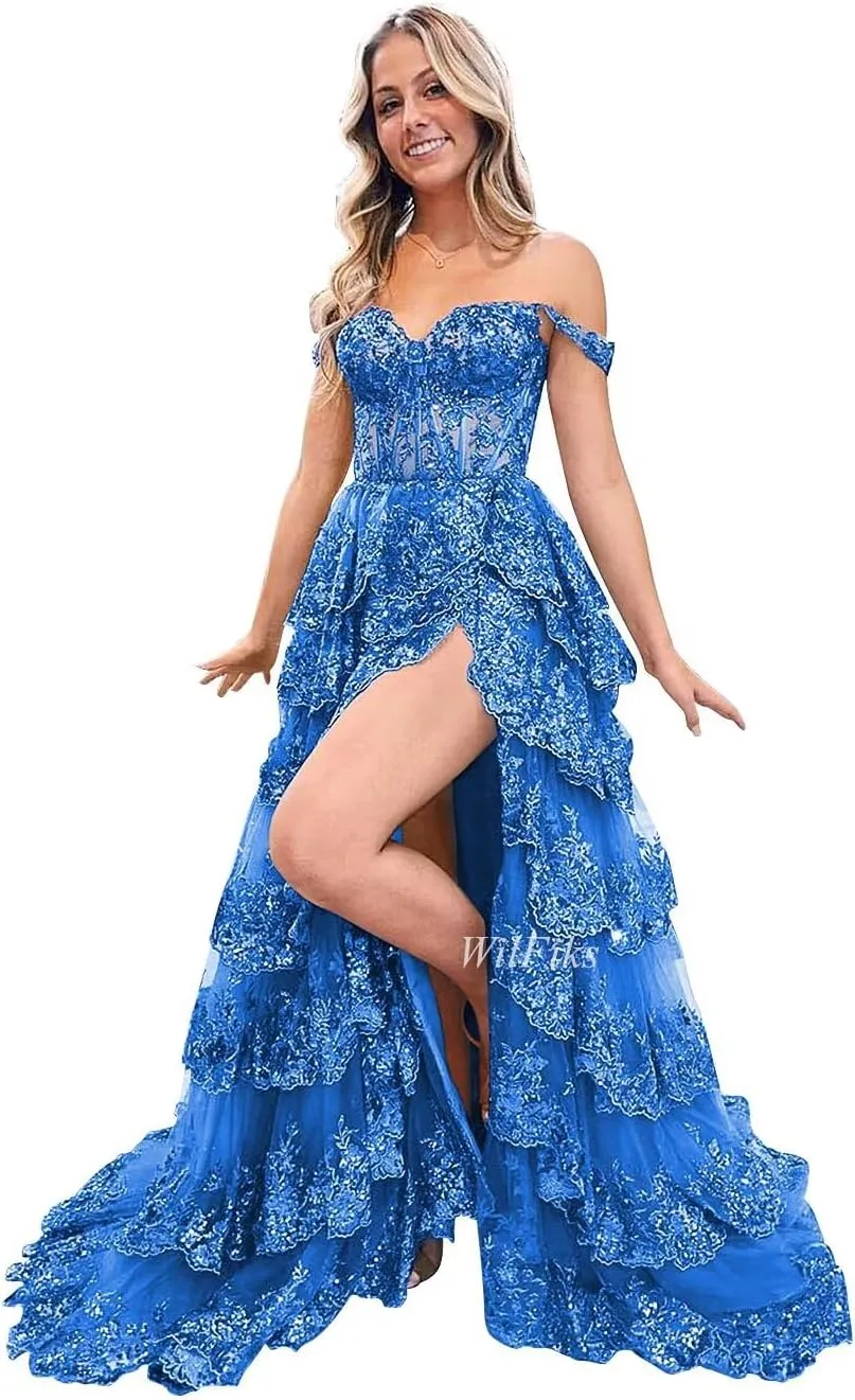 Off Shoulder Tiered Lace Prom Dresses 2025 Long Ball Gowns for Women Formal Sparkly Sequin Corset Wedding Gown with Slit