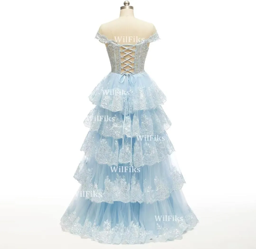 Off Shoulder Tiered Lace Prom Dresses 2025 Long Ball Gowns for Women Formal Sparkly Sequin Corset Wedding Gown with Slit