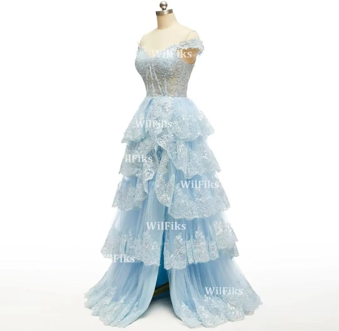 Off Shoulder Tiered Lace Prom Dresses 2025 Long Ball Gowns for Women Formal Sparkly Sequin Corset Wedding Gown with Slit
