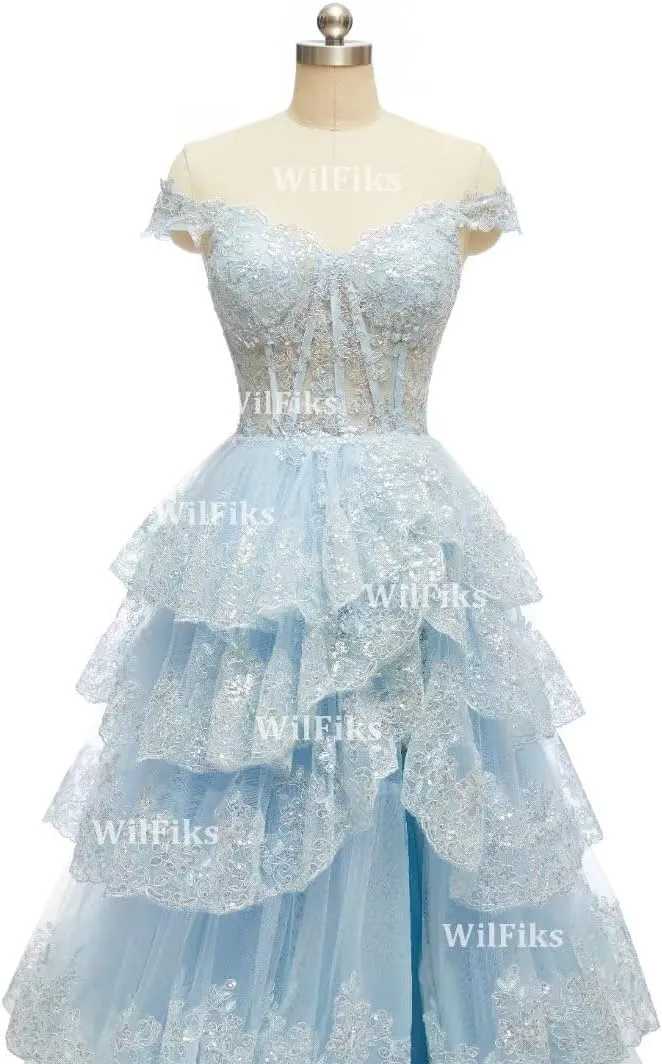 Off Shoulder Tiered Lace Prom Dresses 2025 Long Ball Gowns for Women Formal Sparkly Sequin Corset Wedding Gown with Slit