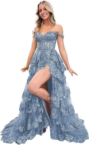 Off Shoulder Tiered Lace Prom Dresses 2025 Long Ball Gowns for Women Formal Sparkly Sequin Corset Wedding Gown with Slit