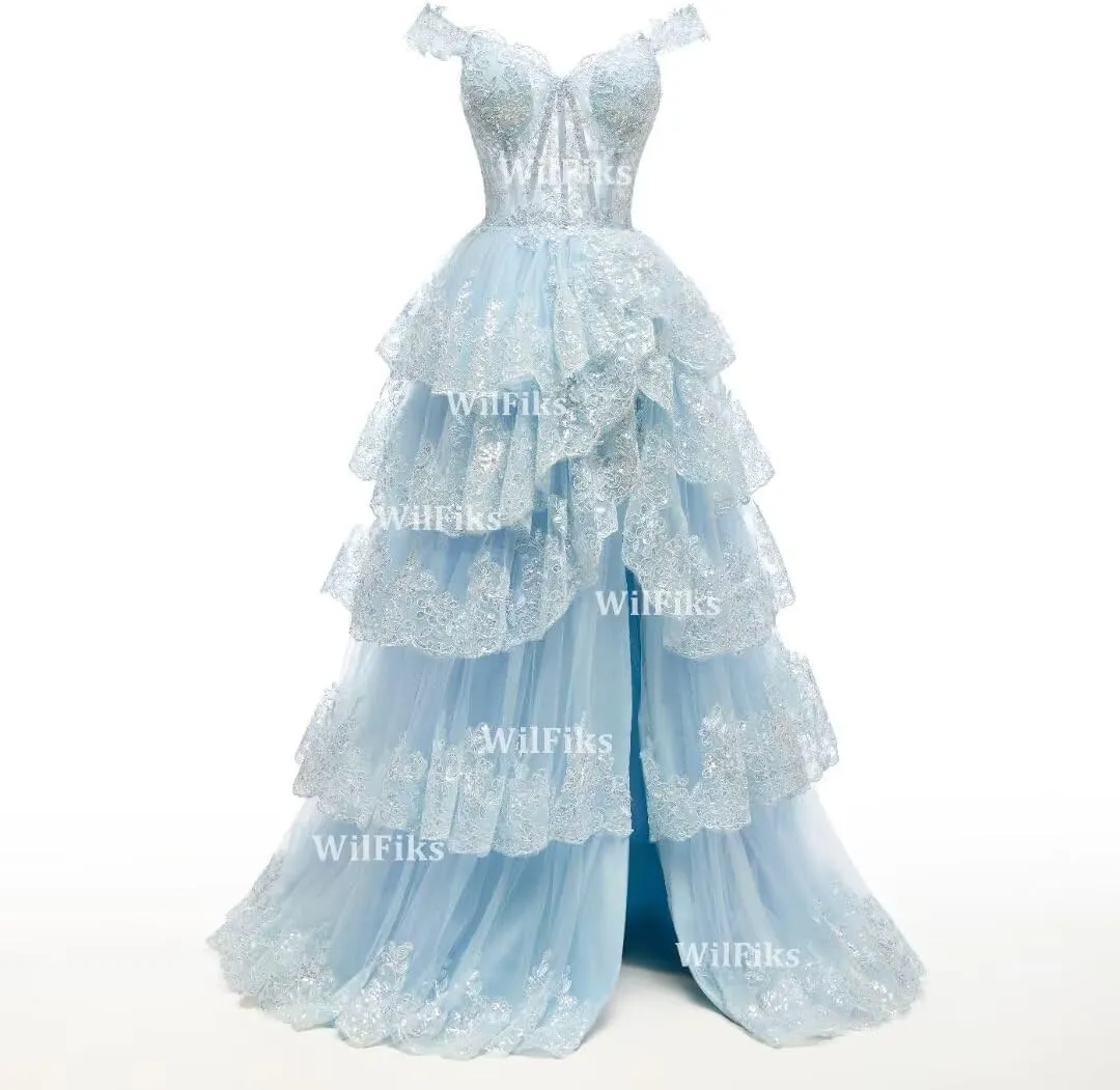 Off Shoulder Tiered Lace Prom Dresses 2025 Long Ball Gowns for Women Formal Sparkly Sequin Corset Wedding Gown with Slit