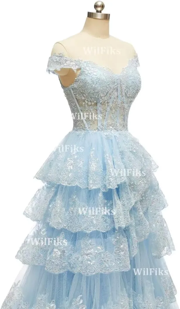 Off Shoulder Tiered Lace Prom Dresses 2025 Long Ball Gowns for Women Formal Sparkly Sequin Corset Wedding Gown with Slit