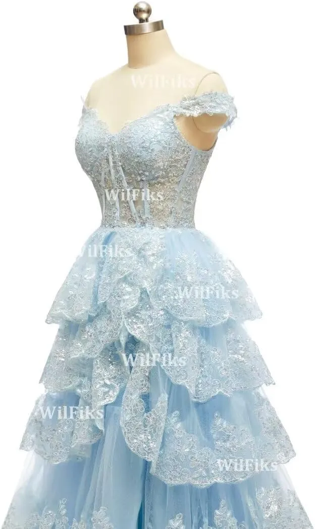 Off Shoulder Tiered Lace Prom Dresses 2025 Long Ball Gowns for Women Formal Sparkly Sequin Corset Wedding Gown with Slit